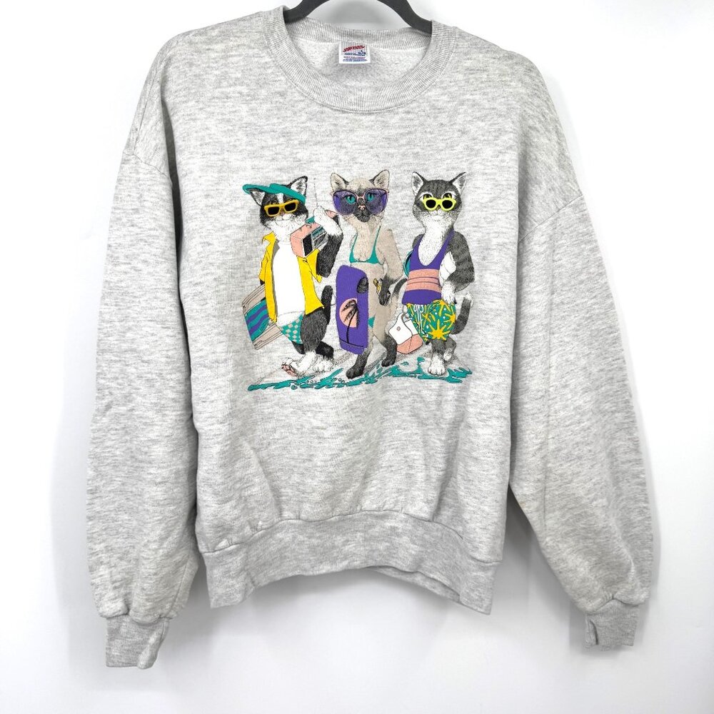 Vintage '90s Cute Cat Kitten Sweatshirt size large cats beach pool sunglasses *r